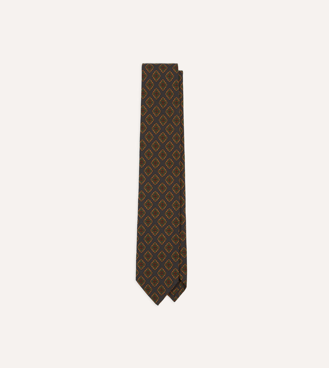 Navy Square Flower Medallion Print Wool-Silk Self Tipped Tie