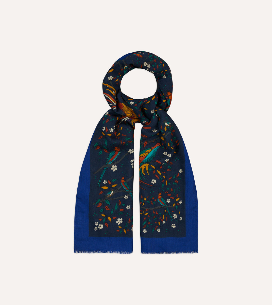 小物 Drake's scarf Navy Birds of Paradise Print Wool Scarf – Drakes US