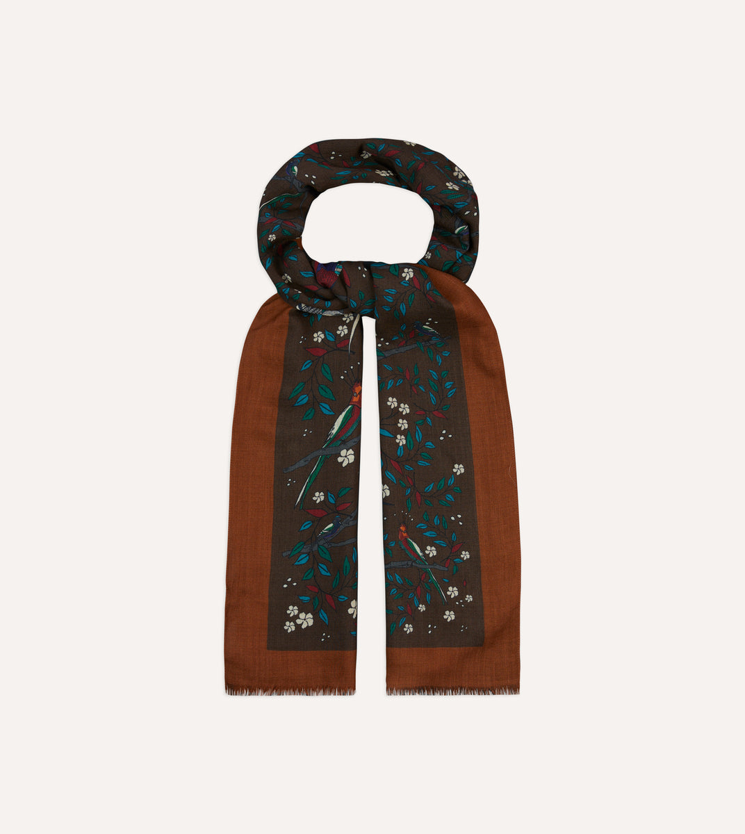 Brown Birds of Paradise Print Wool Scarf – Drakes US