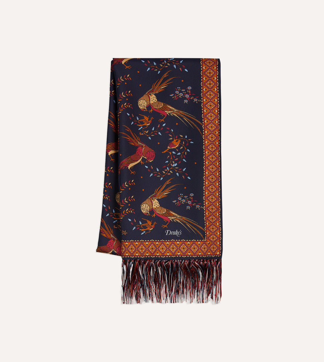 Navy Birds of Paradise Print Tubular Silk Tasselled Scarf – Drakes US