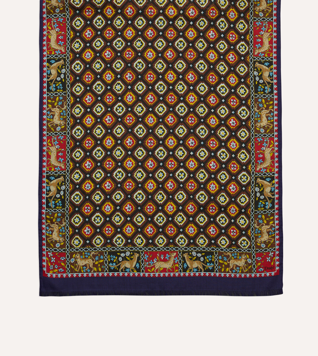 Navy and Brown Animal Border Medallion Print Wool-Silk Scarf