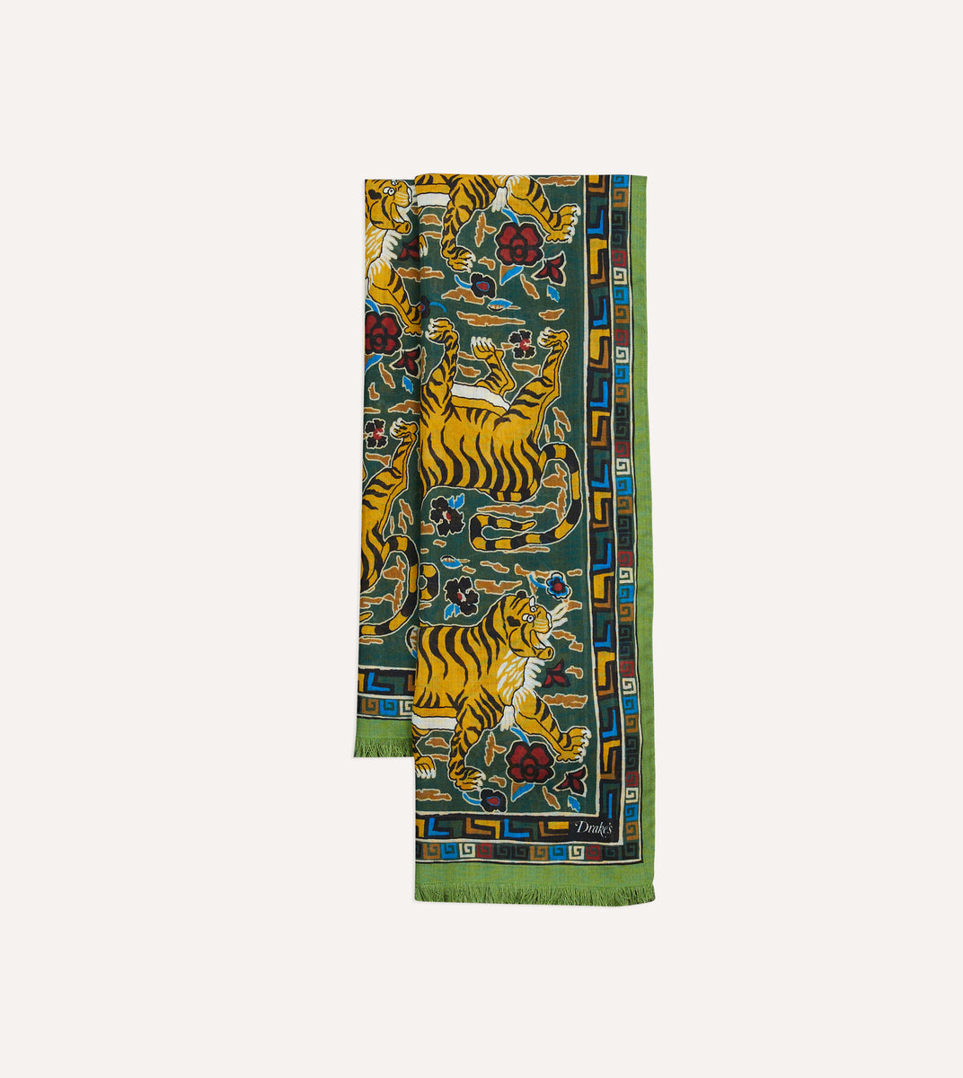 Green Tiger Print Wool-Silk Scarf – Drakes US