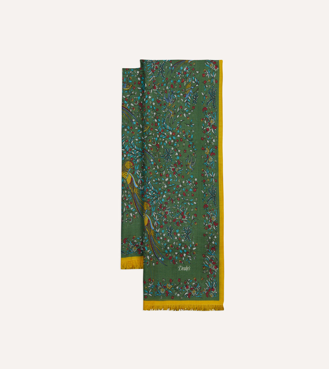 Green Birds of Paradise Print Tubular Wool Silk Scarf – Drakes US