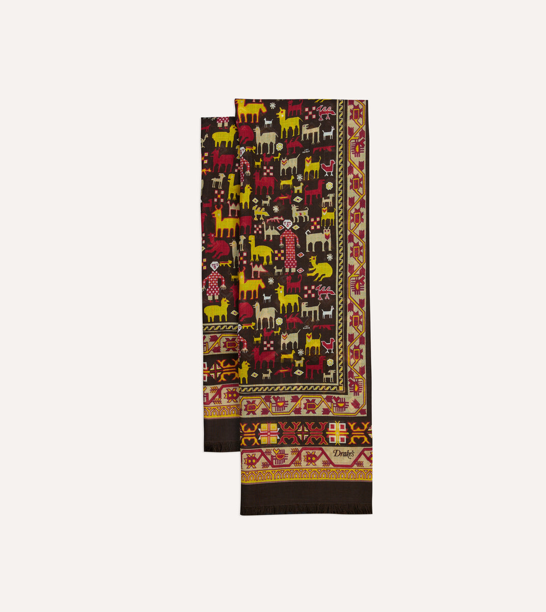 Brown Shaman Print Tubular Wool-Silk Scarf – Drakes US