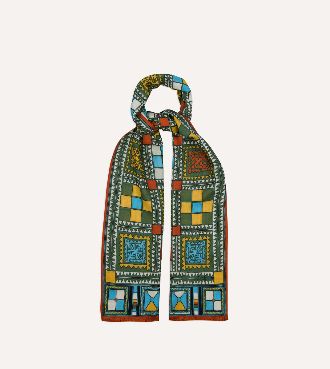 Green Geometric Print Wool Silk Scarf – Drakes US