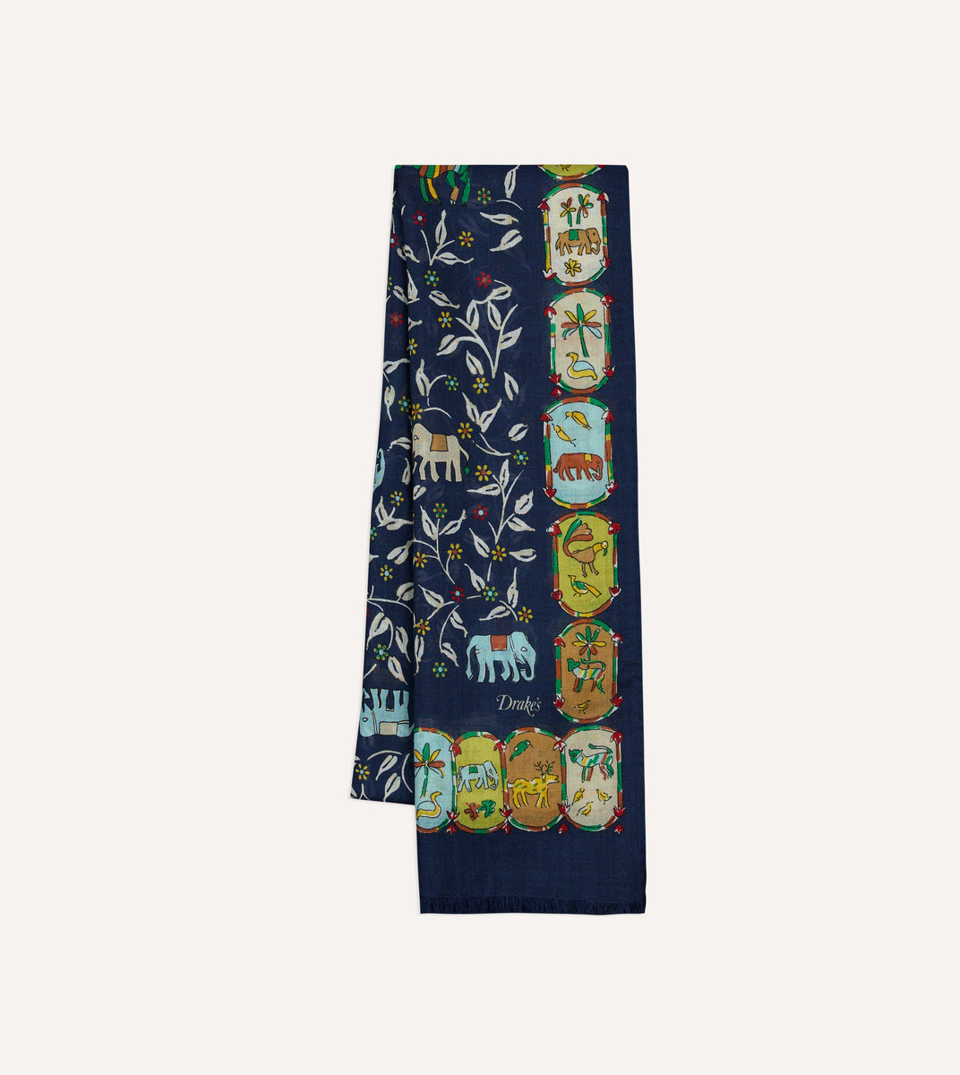 Navy Loose Animal Print Wool-Silk Scarf – Drakes US
