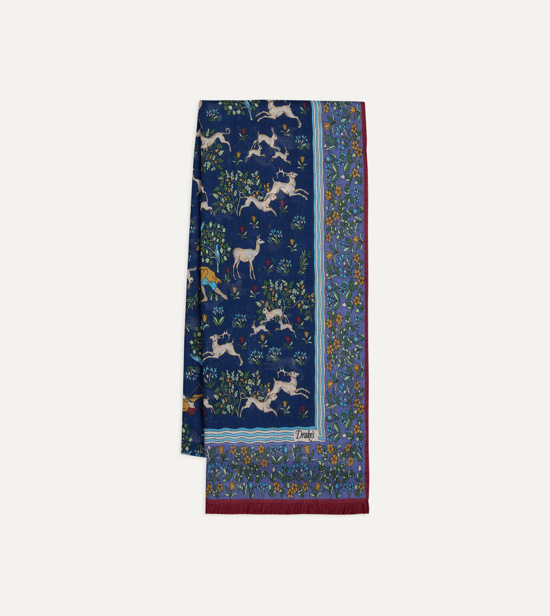 Navy Archival Animals Print Wool-Silk Scarf – Drakes US