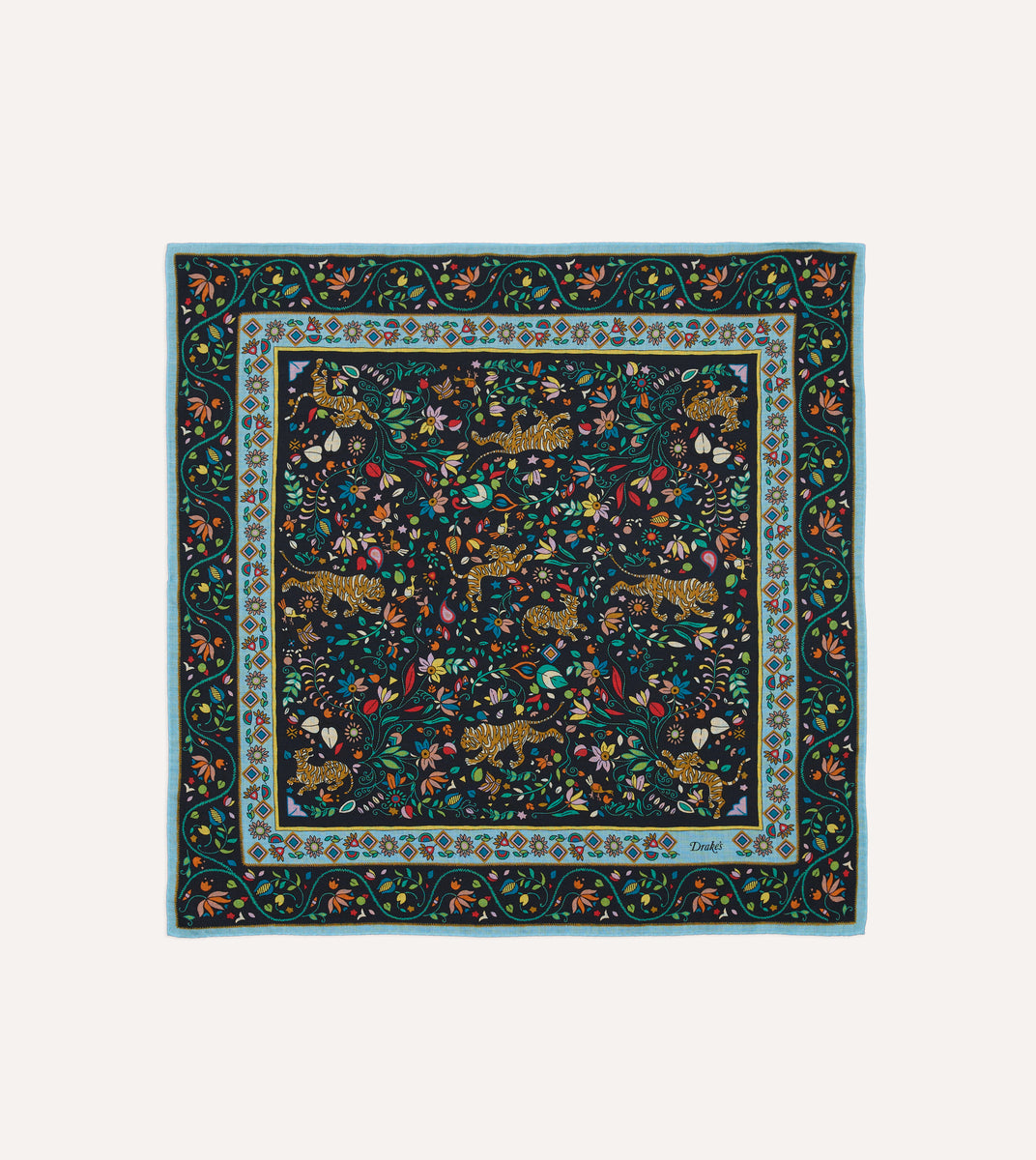 Navy Tiger Garden Print Wool-Silk Bandana – Drakes US