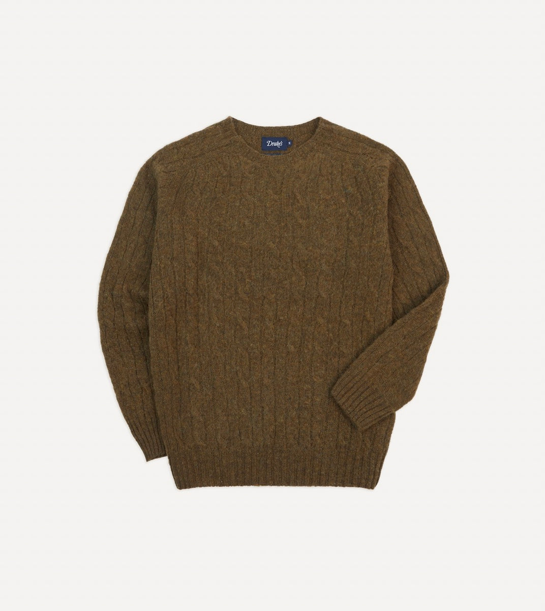 野村訓市着用Double Exposure Shetland Pullover Olive Brushed Cable Knit Shetland Crew Neck Jumper – Drakes US