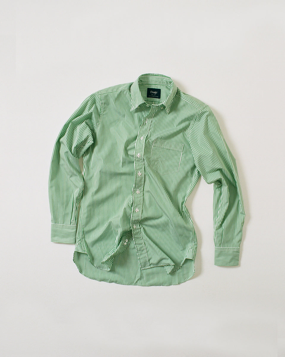 Green Narrow Stripe Cotton Poplin Button-Down Shirt – Drakes US