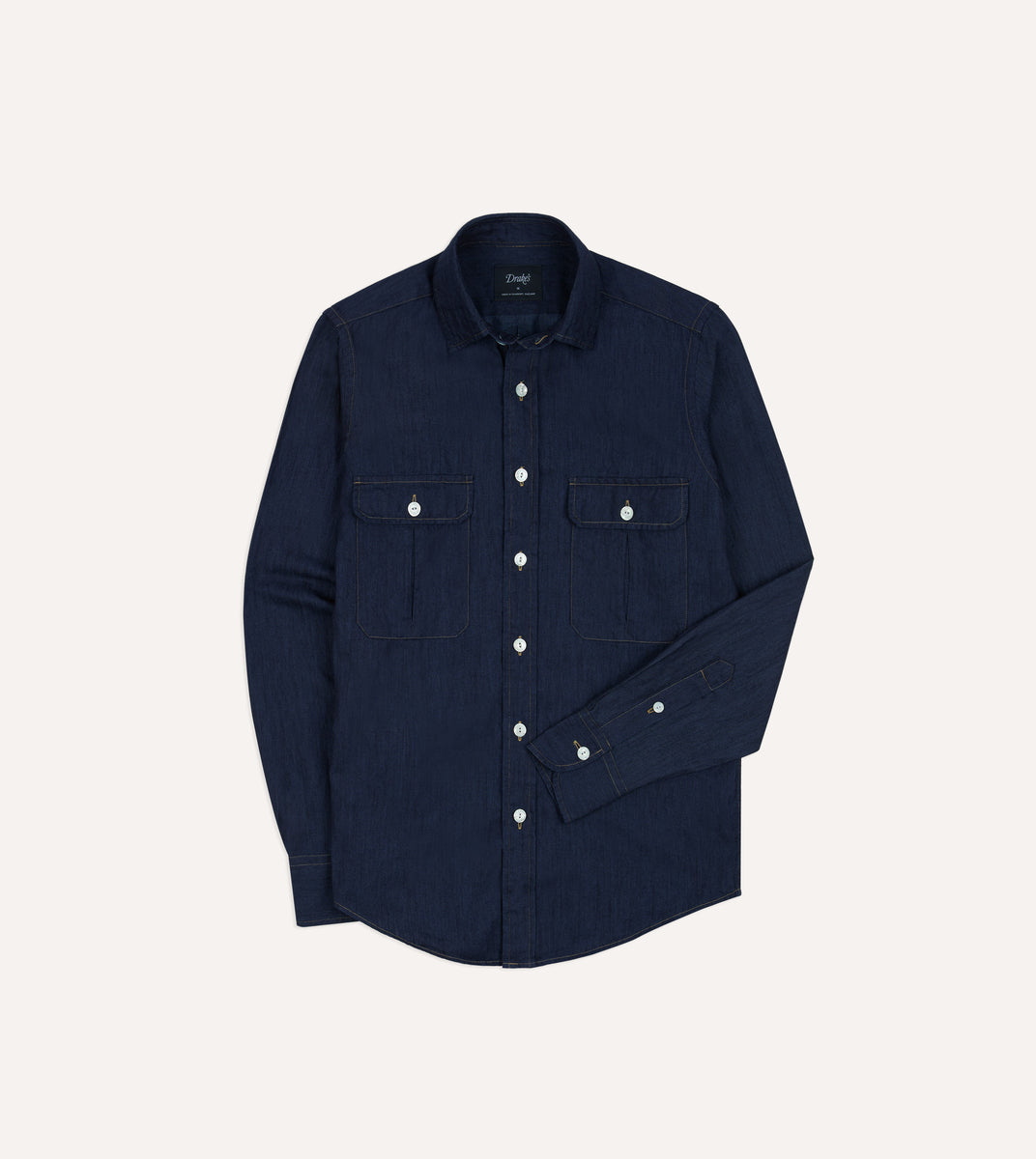 Navy Cotton Linen Two-Pocket Work Shirt – Drakes US