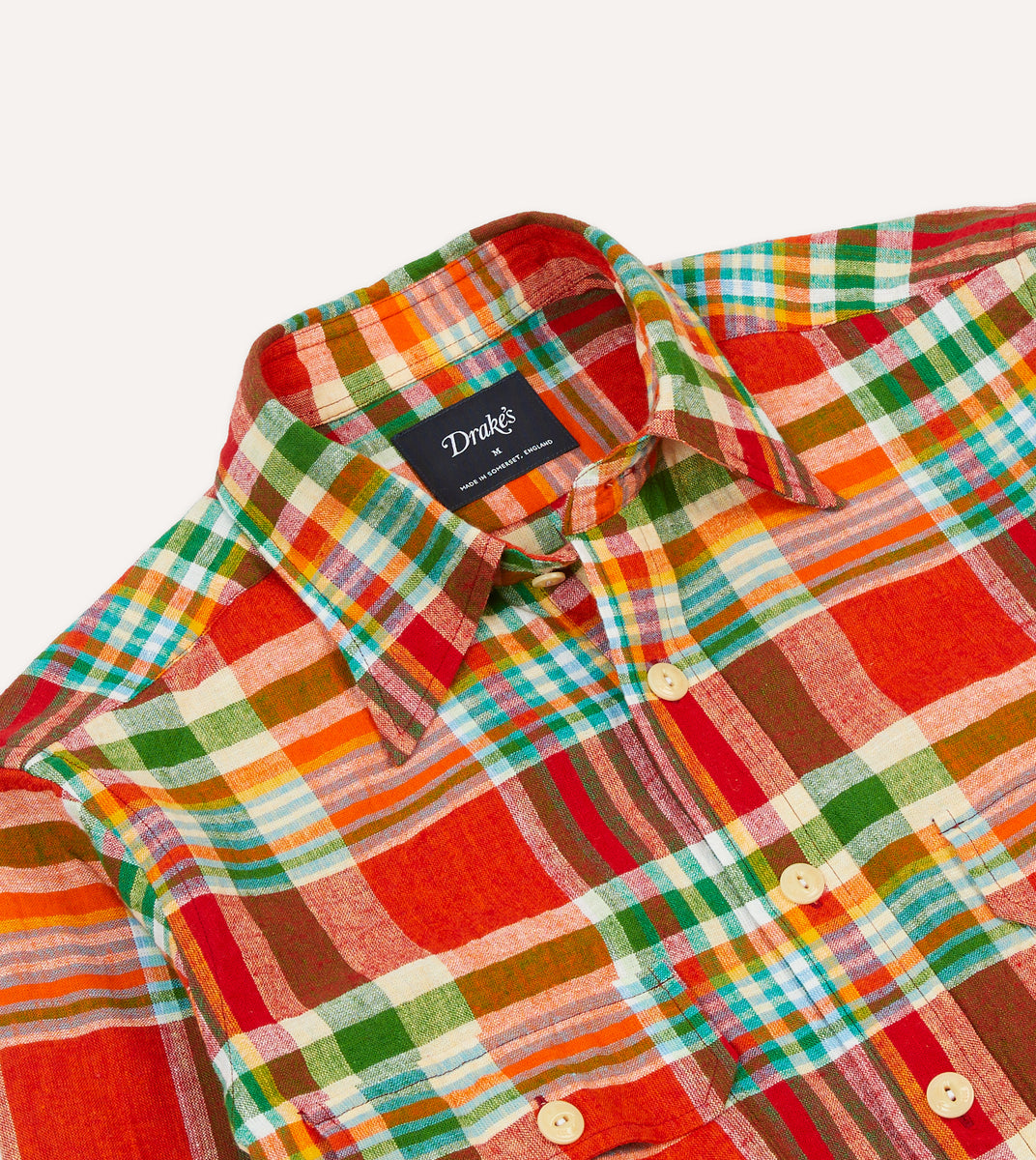 Red and Green Madras Check Cotton-Linen Two-Pocket Work Shirt Drakes US Red and Green Madras Check Cotton-Linen Two-Pocket Work Shirt Drakes US