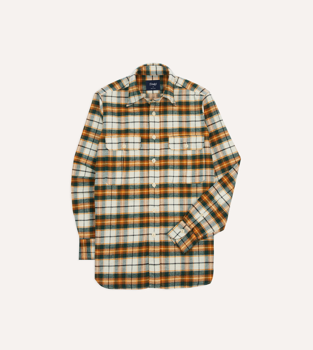 Ecru and Orange Check Cotton Two-Pocket Work Shirt – Drakes US