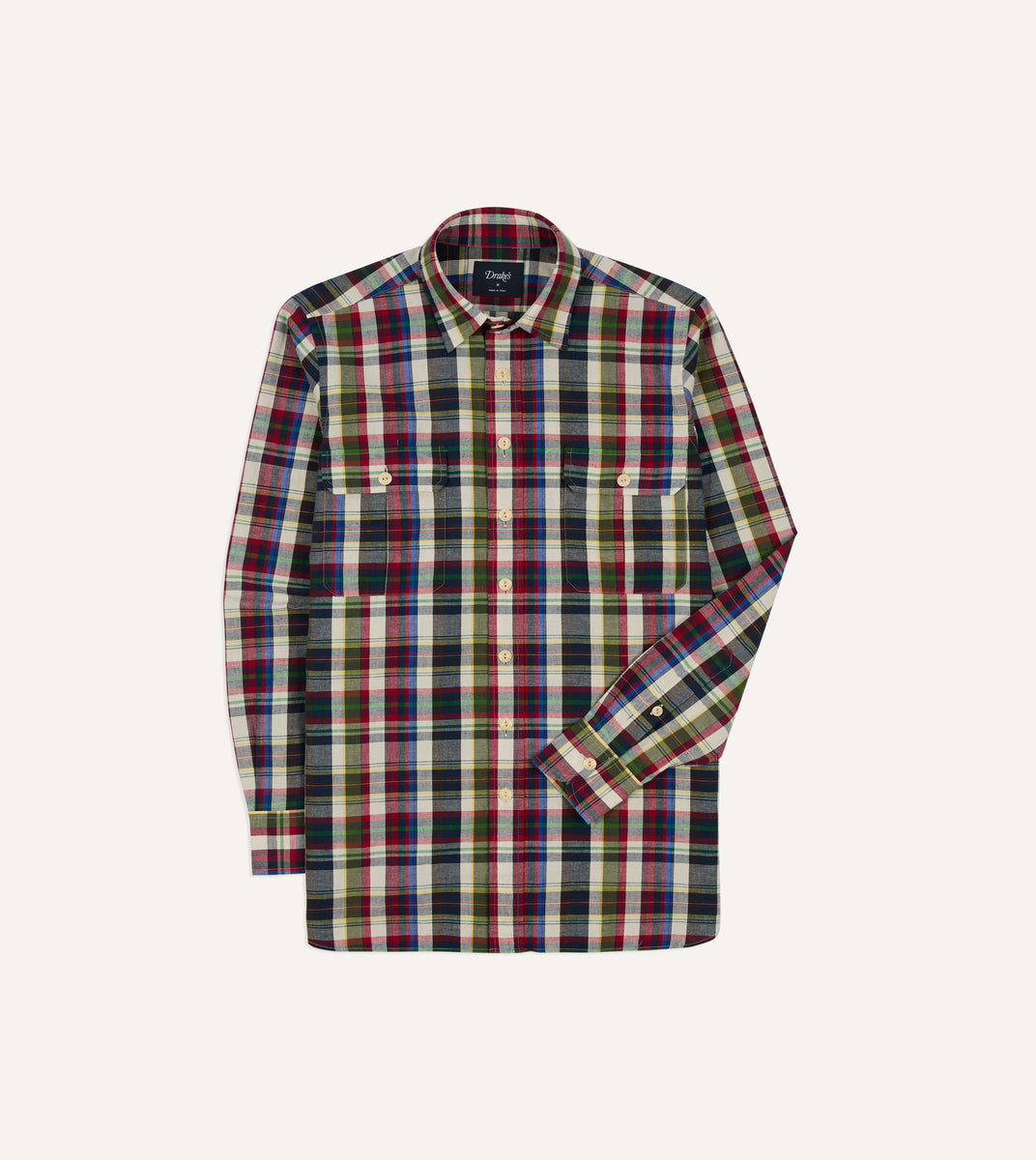 Navy and Red Check Cotton-Linen Two-Pocket Work Shirt – Drakes US