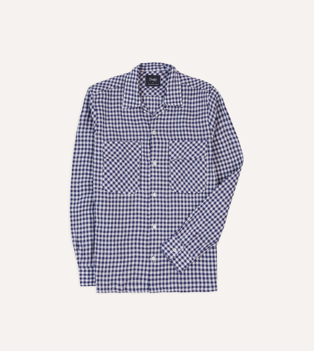 Navy Gingham Check Linen Camp Collar Long Sleeve Shirt – Drakes US