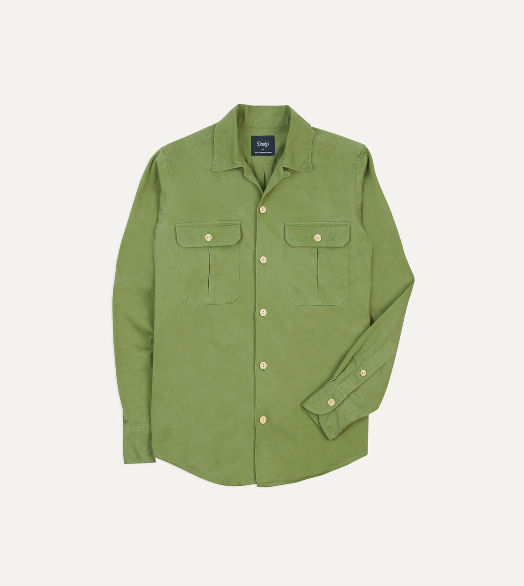 Green Brushed Cotton Twill Camp Collar Long Sleeve Shirt – Drakes US