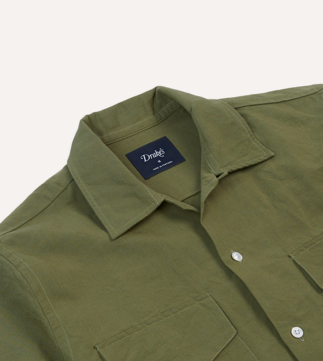 Olive Cotton-Linen Camp Collar Three Pocket Short Sleeve Shirt
