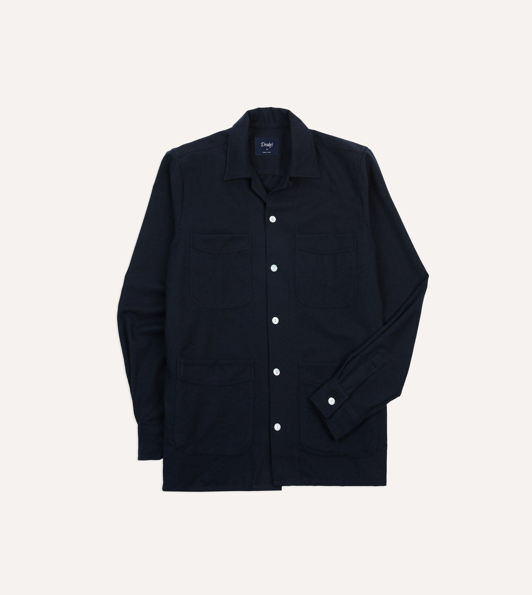 Navy Wool Four-Pocket Camp Collar Work Shirt – Drakes US