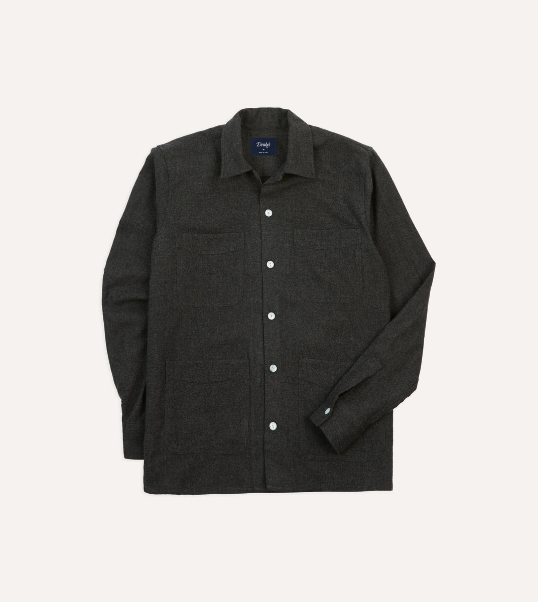 Grey Wool Four-Pocket Camp Collar Work Shirt – Drakes US