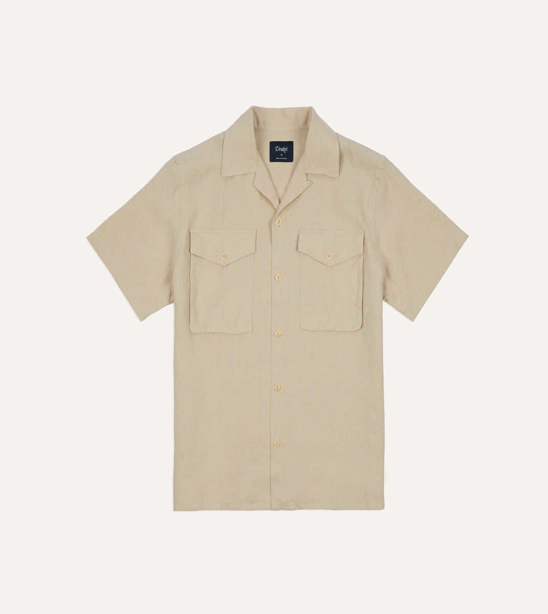 Ecru Linen Short Sleeve Camp Collar Military Shirt – Drakes US