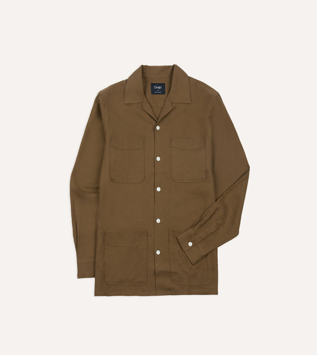 Khaki Linen Four-Pocket Camp Collar Work Shirt – Drakes US