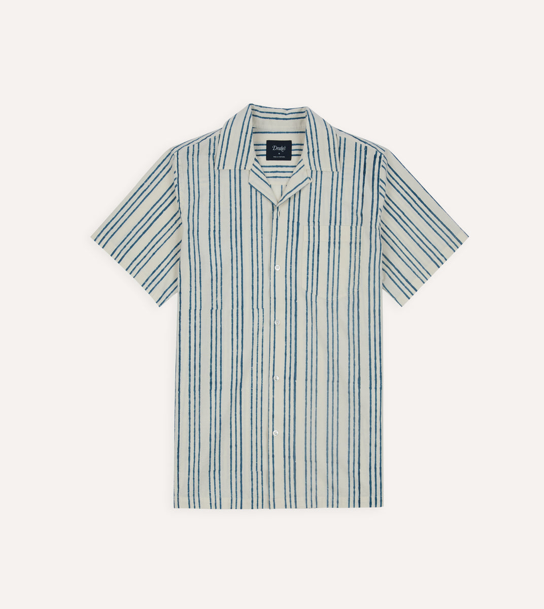 Indigo Triple Stripe Block Print Cotton Camp Collar Short Sleeve