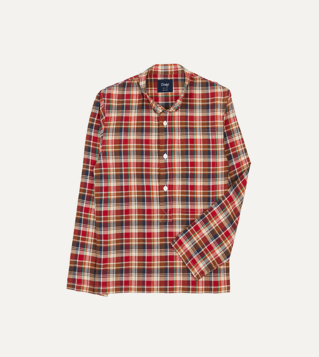 Brown, Navy and Red Madras Check Cotton Mandarin Collar Popover