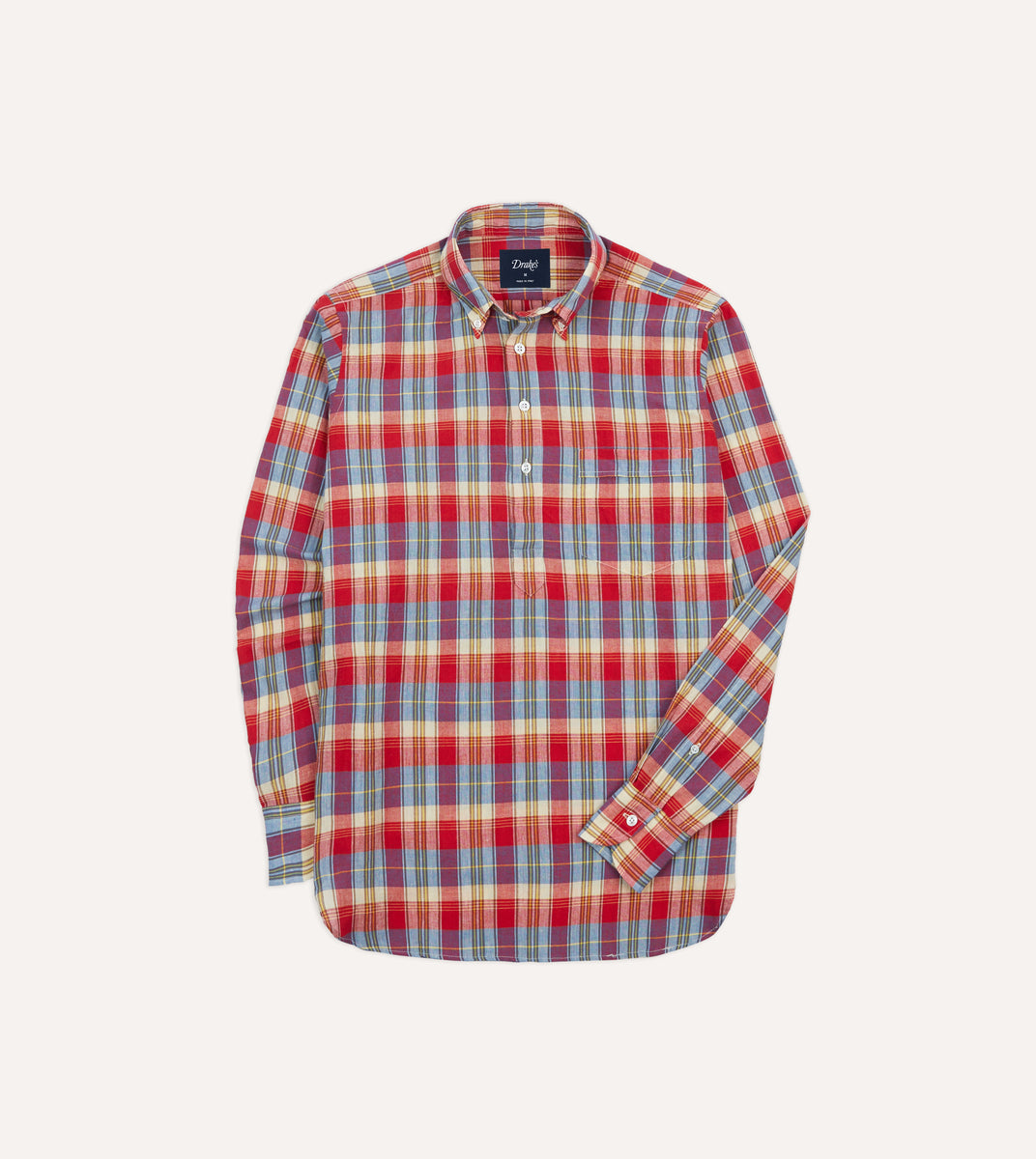 Red and Blue Madras Check Cotton Button-Down Popover Shirt – Drakes US