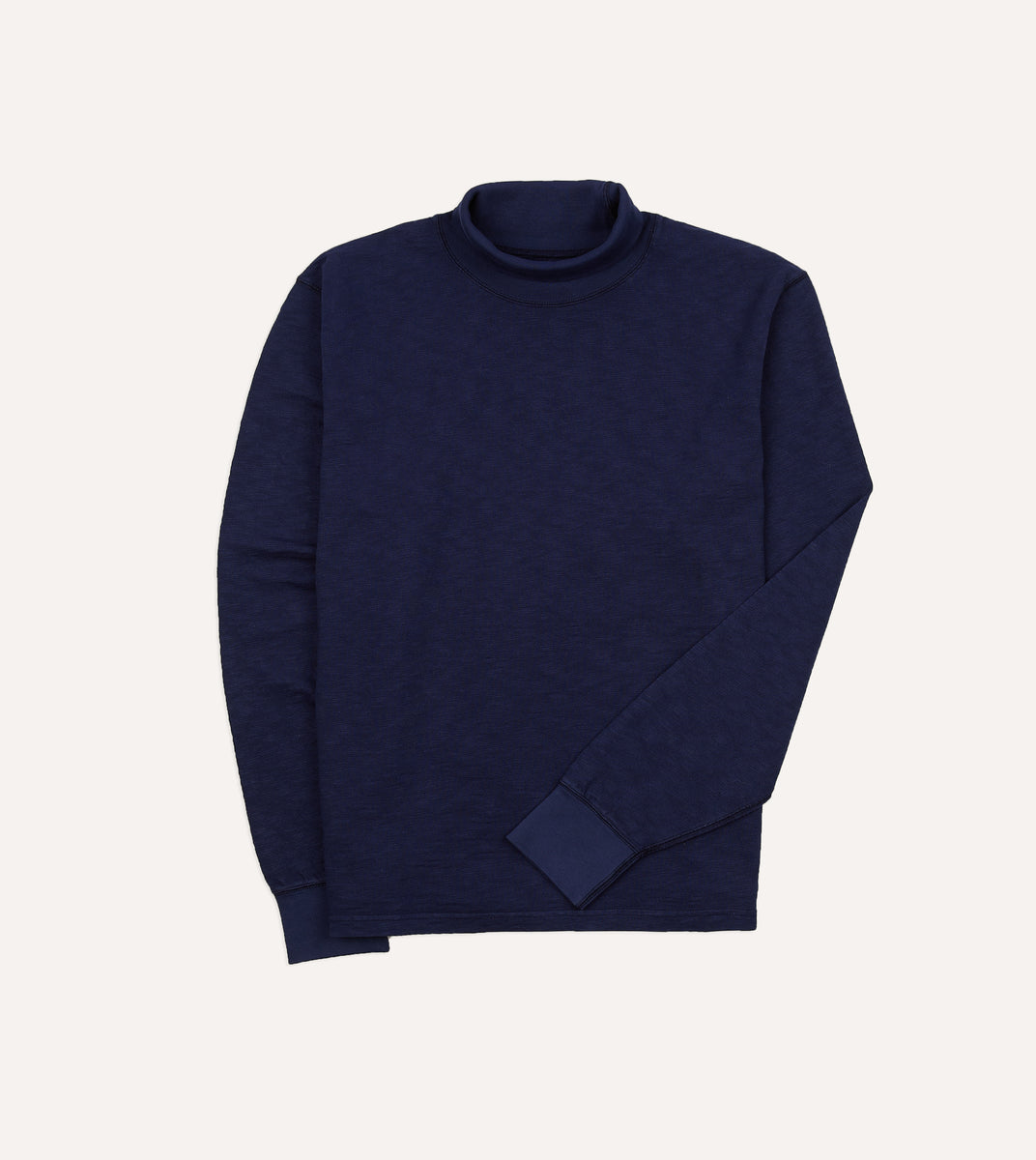 Navy Slub Cotton Long-Sleeve Mock Neck Hiking T-Shirt – Drakes US