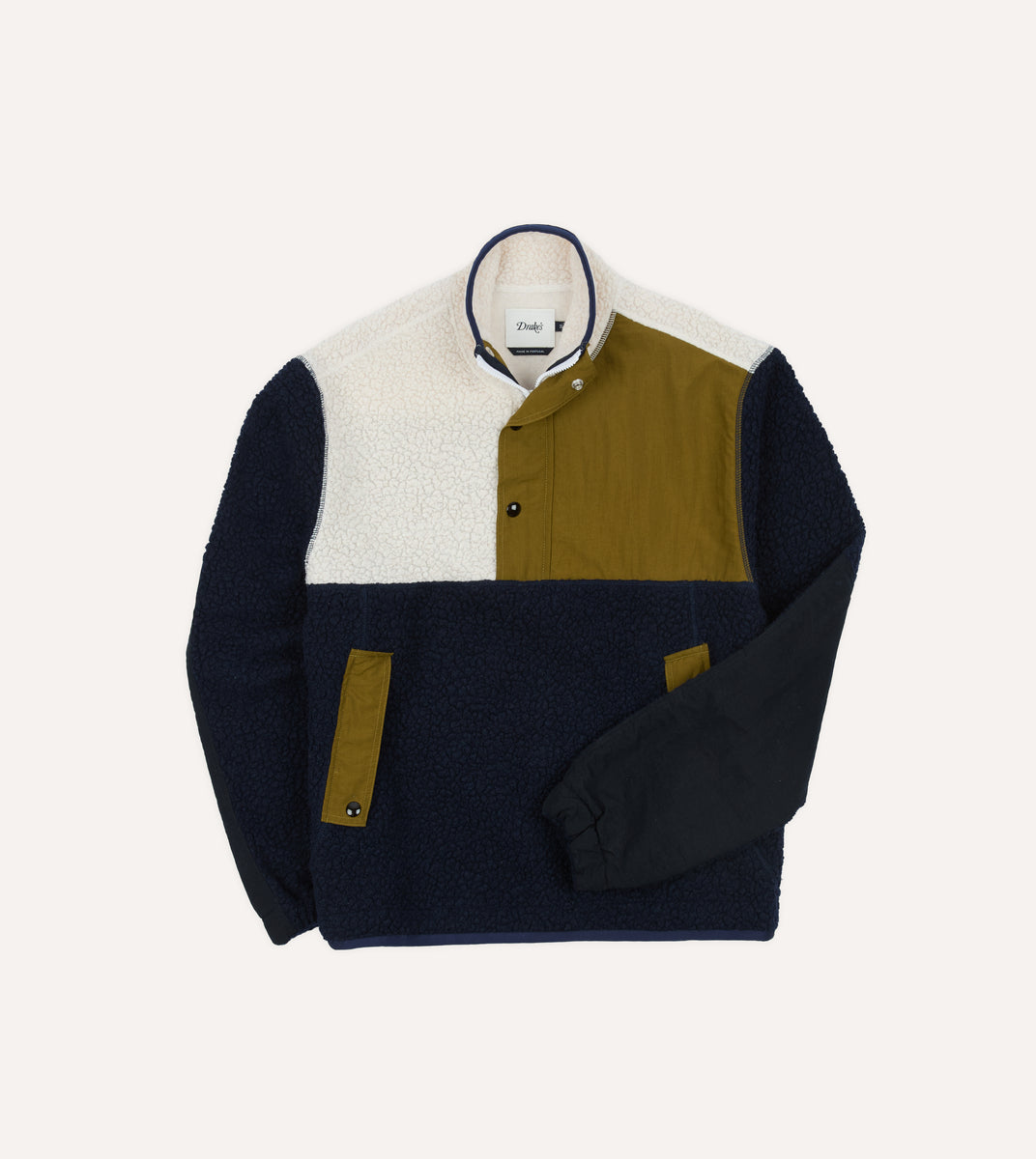 Navy, Ecru and Khaki Boucle Wool Half-Zip Fleece Jacket – Drakes US