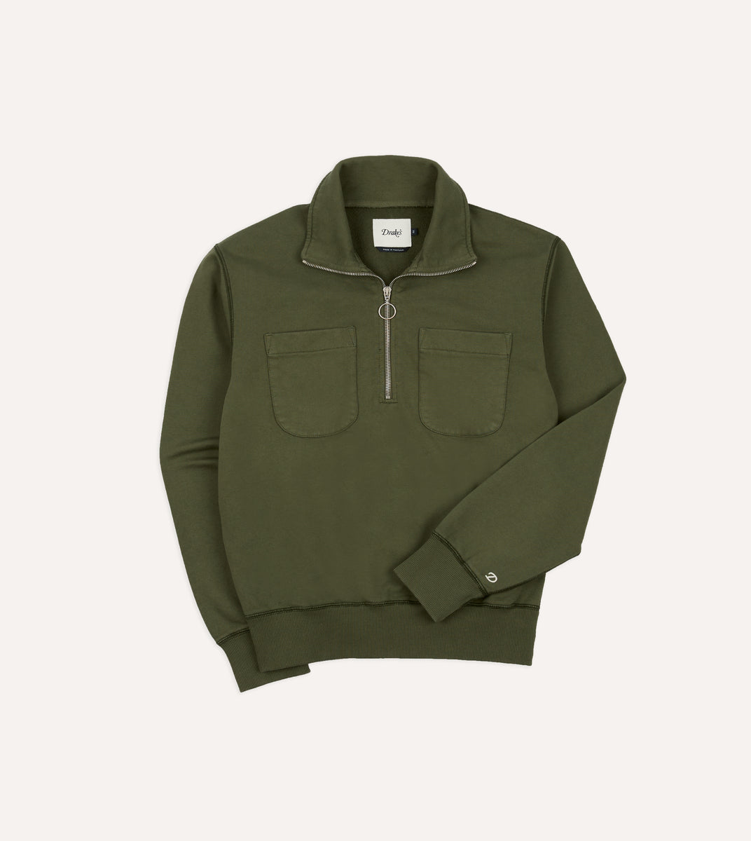 Khaki Green Cotton Quarter Zip Collared Sweatshirt – Drakes US