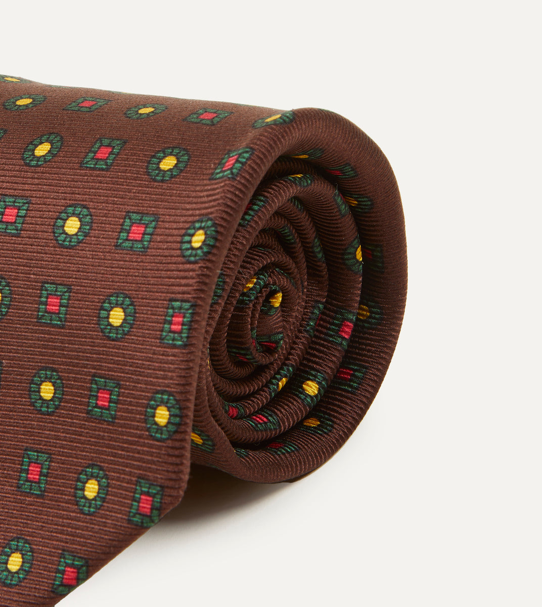 Brown and Gold Diamond Medallion Print Madder Twill Silk Tie – Drakes US