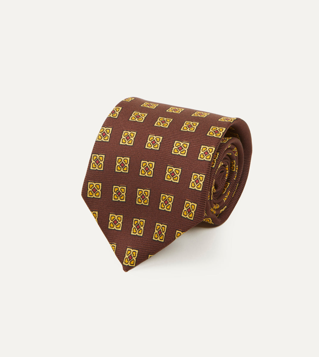Brown and Gold Diamond Medallion Print Madder Twill Silk Tie – Drakes US