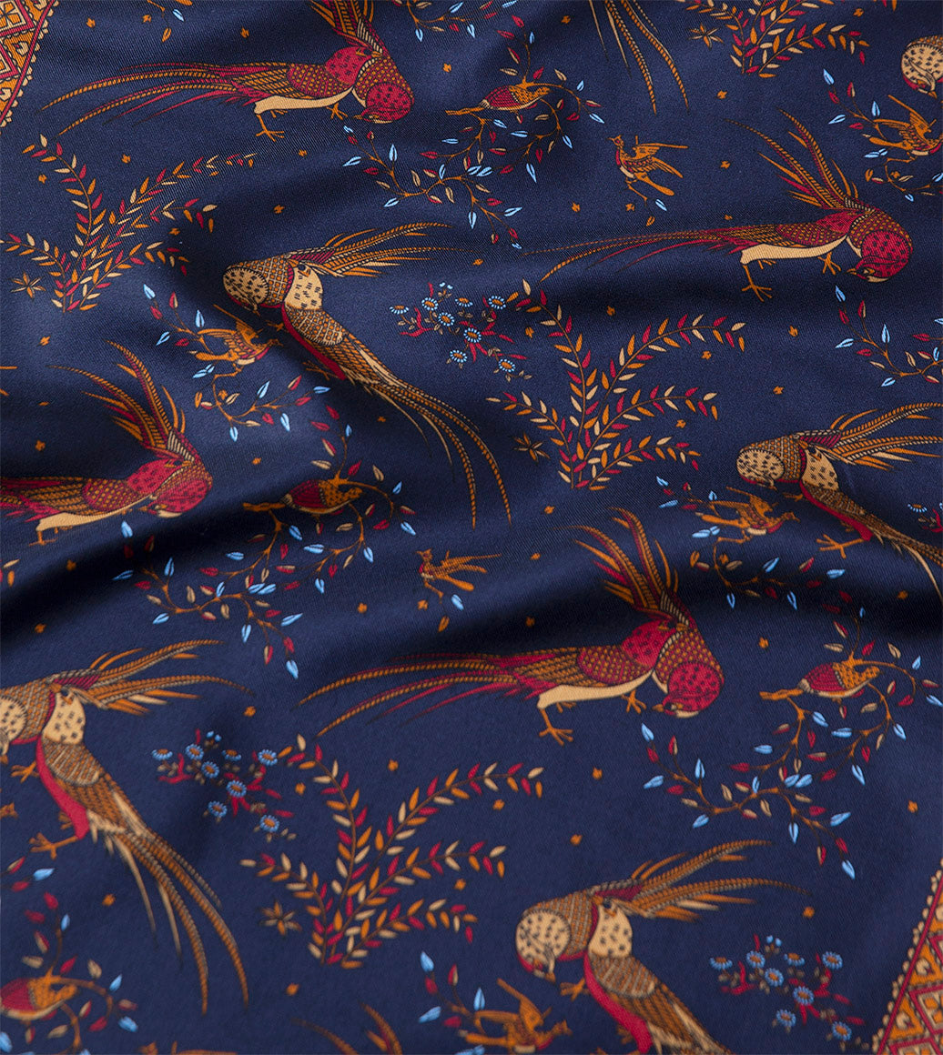 Navy Birds of Paradise Print Tubular Silk Tasselled Scarf – Drakes US