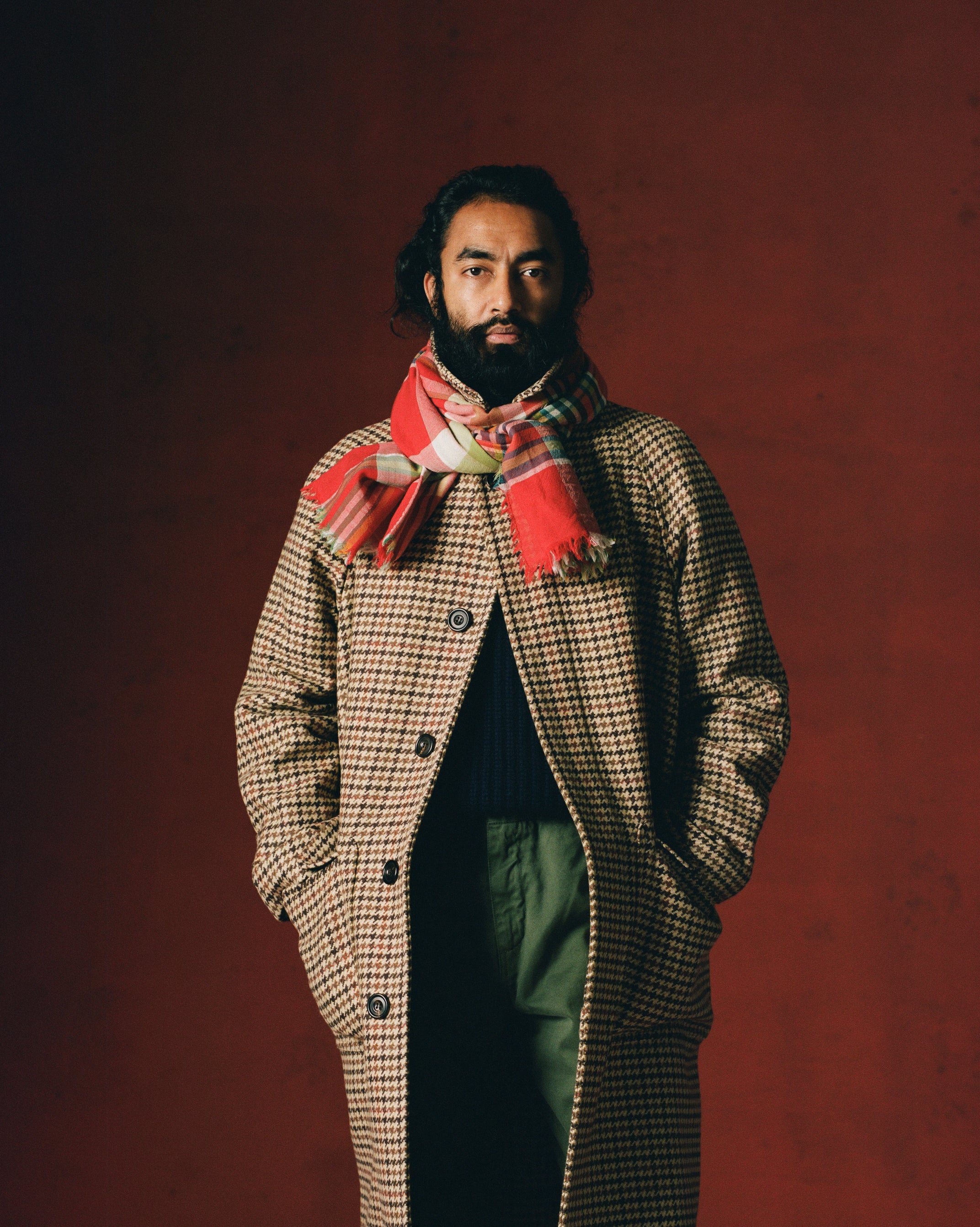 Brown Houndstooth Check Wool Raglan Coat