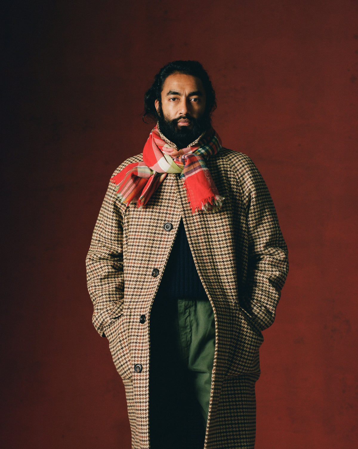 Brown Houndstooth Check Wool Raglan Coat