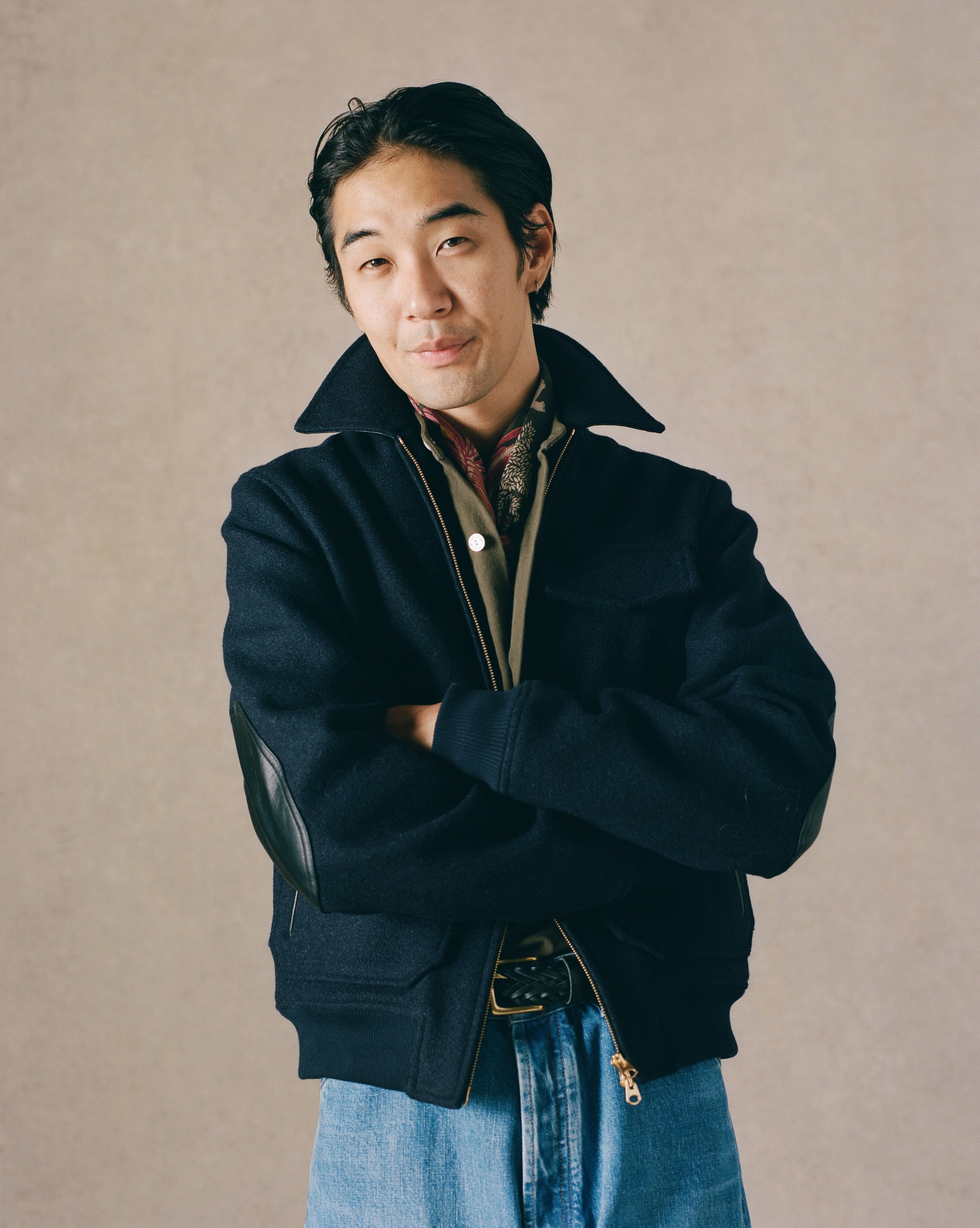 Navy Wool and Leather A-2 Bomber Jacket
