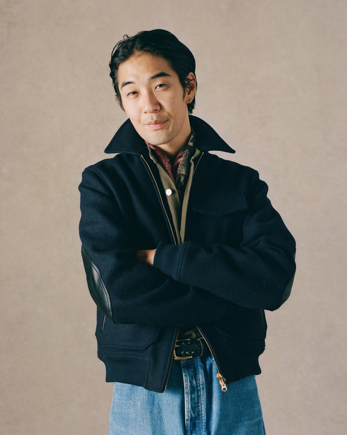 Navy Wool and Leather A-2 Bomber Jacket