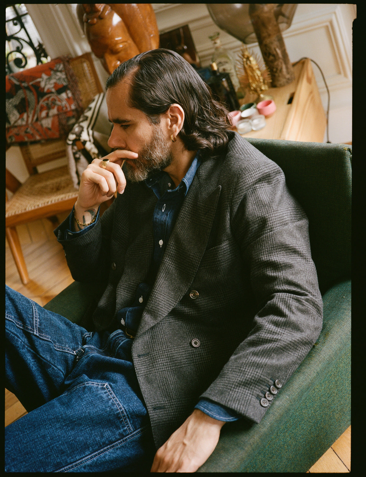 Grey Prince of Wales Check Wool Flannel Double-Breasted Tailored Jacket
