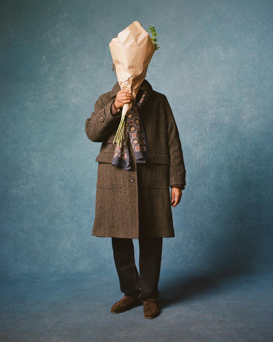 Grey Herringbone Wool Raglan Coat