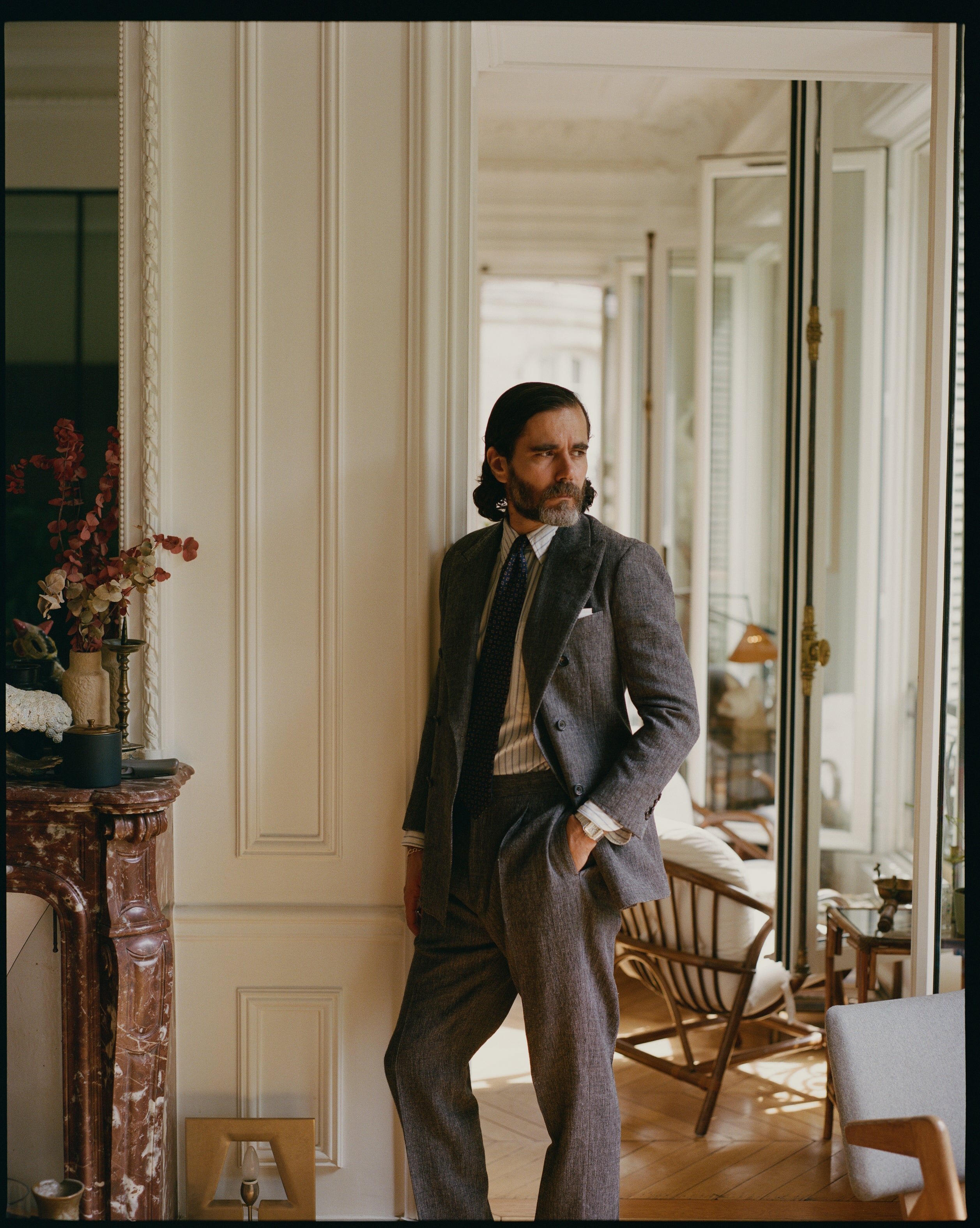 Grey Nailhead Linen-Wool Double-Breasted Tailored Jacket