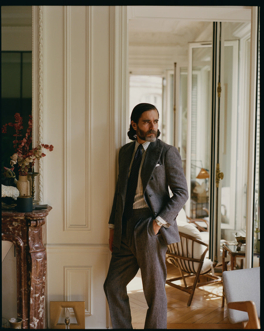 Grey Nailhead Linen-Wool Double-Breasted Tailored Jacket