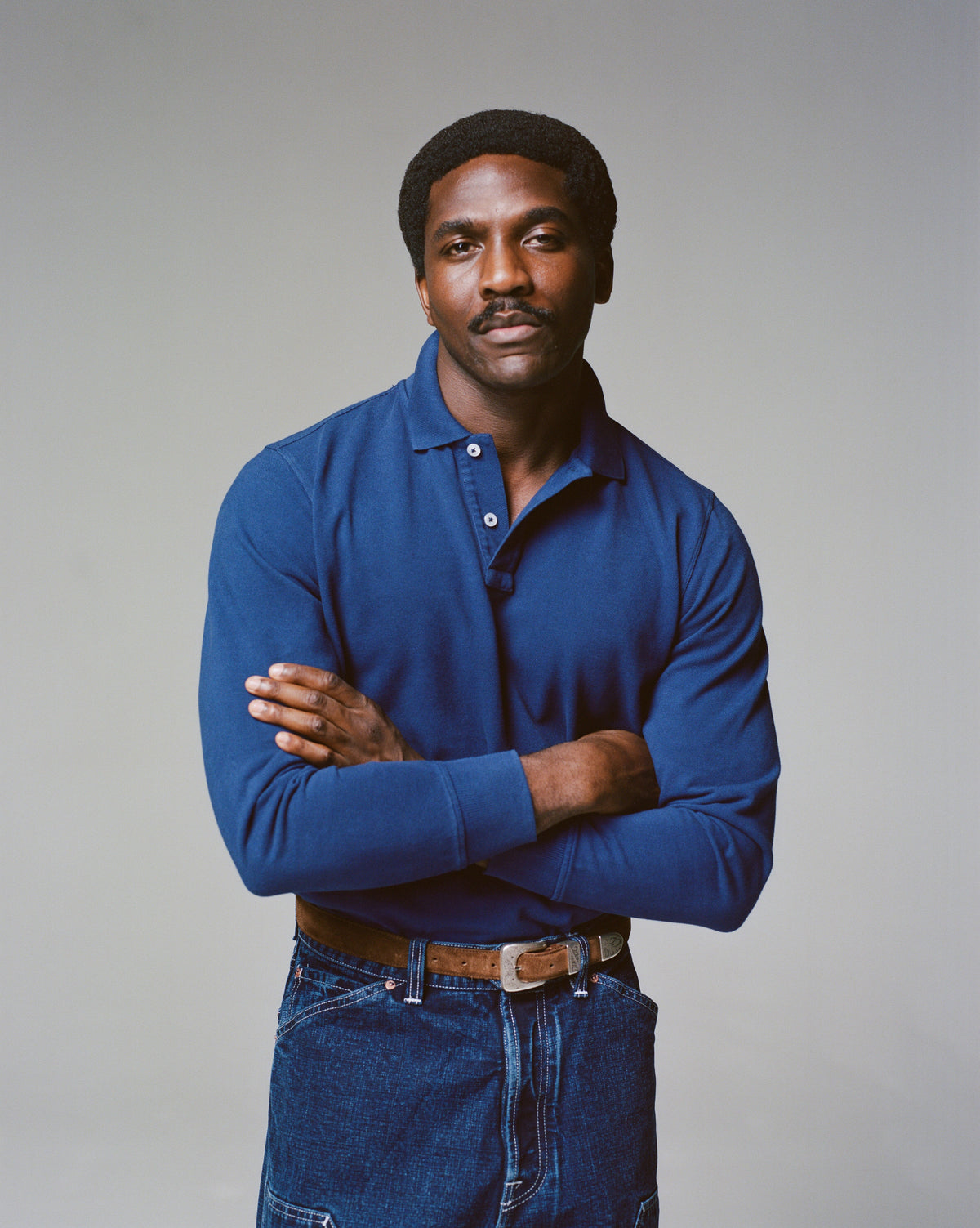 Indigo Dyed Cotton Jersey Long-Sleeve Polo Shirt