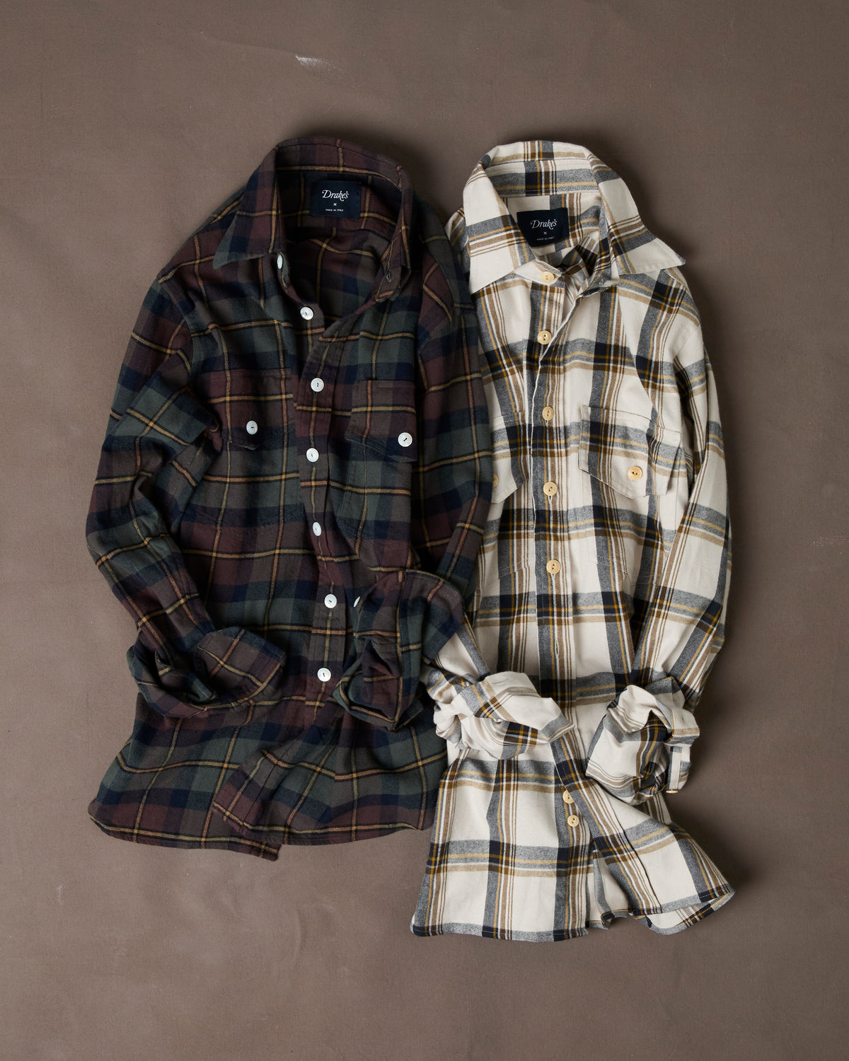 Ecru, Brown and Navy Check Cotton Two-Pocket Long Point Collar Work Shirt