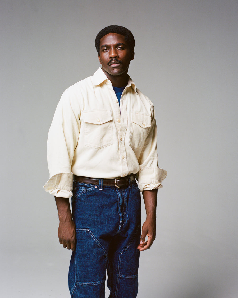 Ecru Corduroy Two-Pocket Long Point Collar Work Shirt