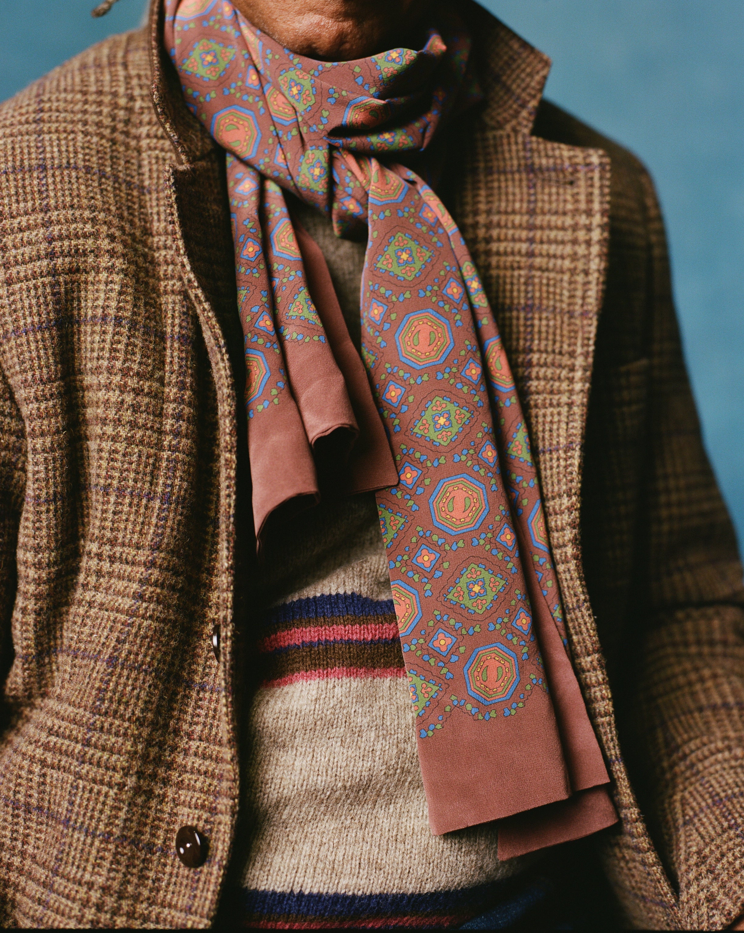 Brown Medallion Print Tubular Silk Scarf