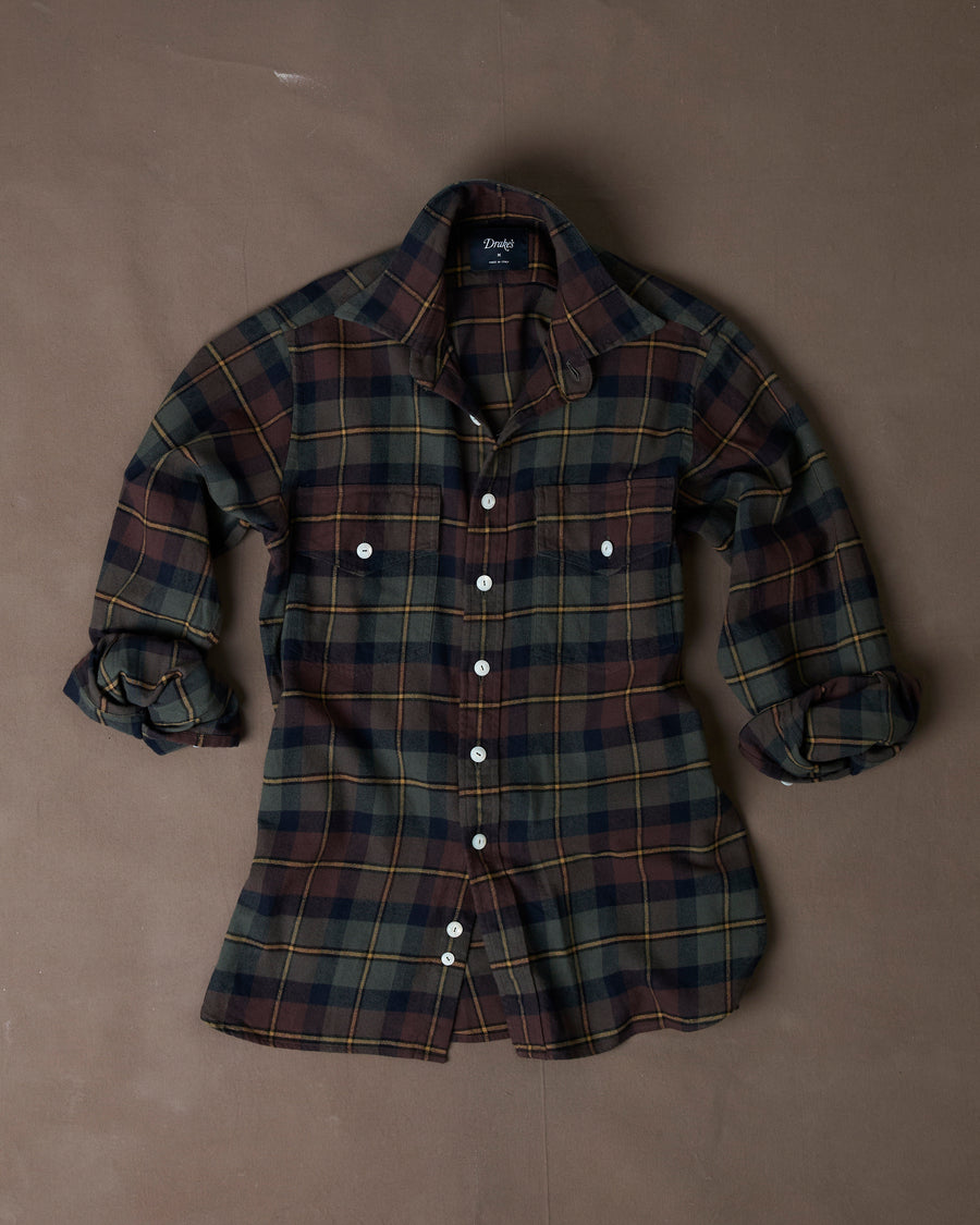 Brown and Green Check Cotton Two-Pocket Long Point Collar Work Shirt