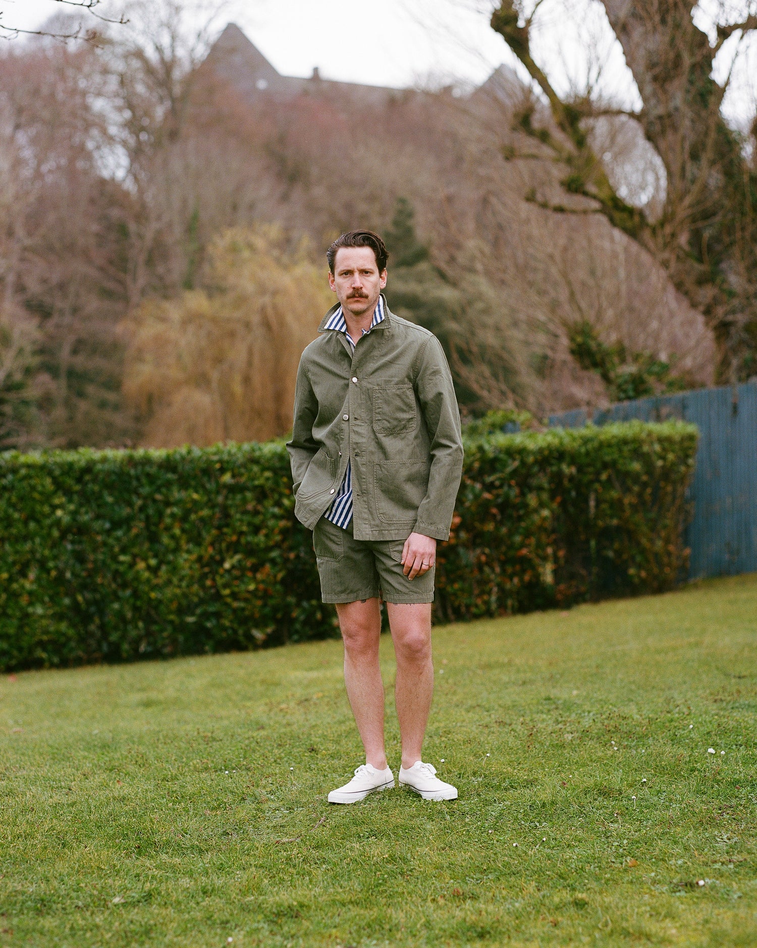 Olive Cotton-Linen Herringbone Fatigue Shorts