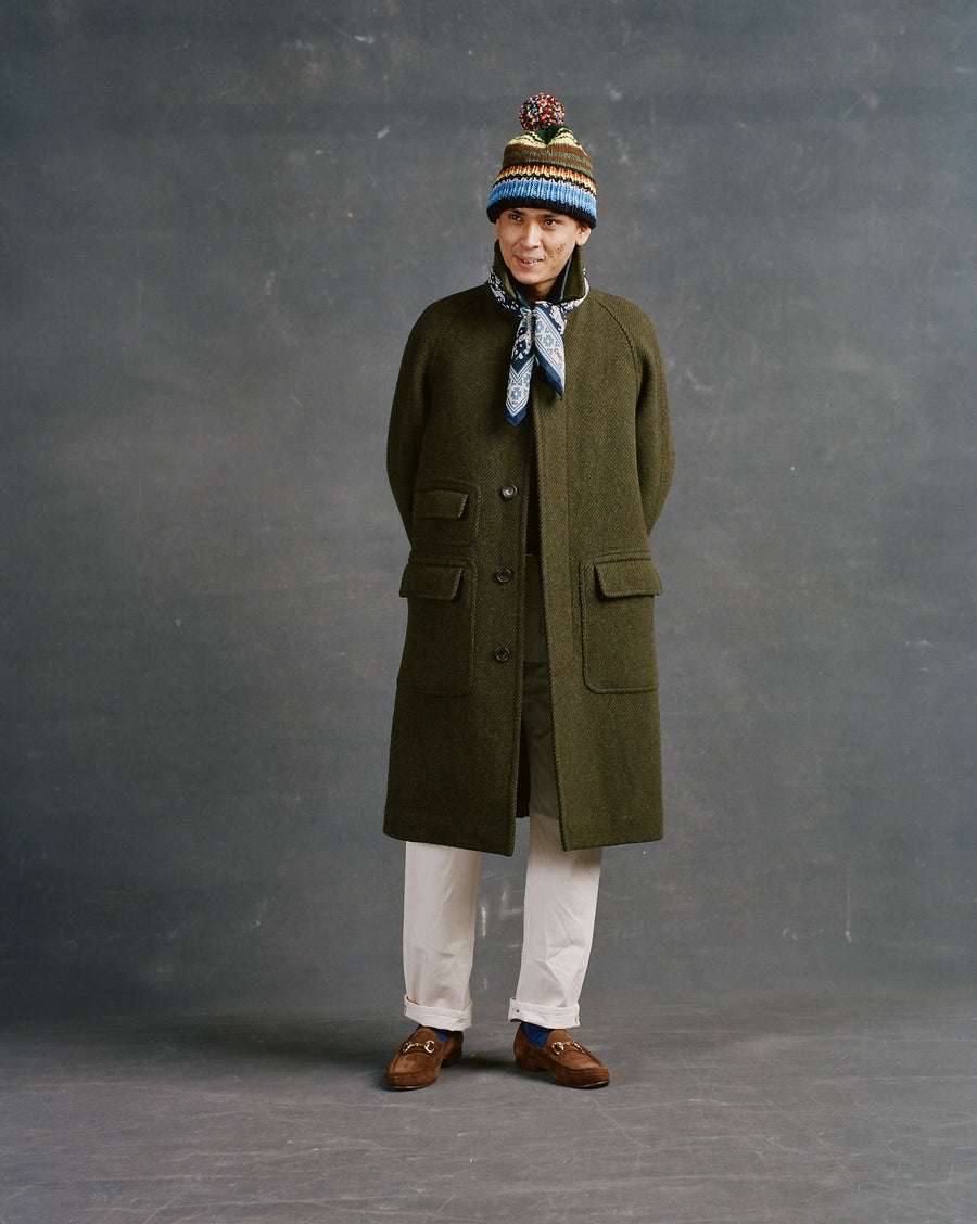 Green Donegal Wool Twill Raglan Coat Drakes US