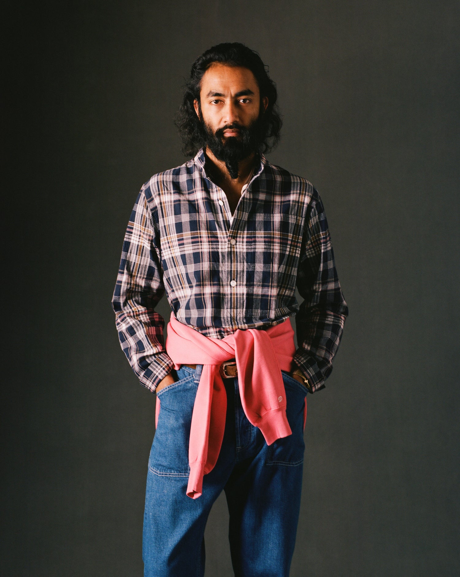 Navy, White and Yellow Madras Check Cotton Mandarin Collar Popover Shirt